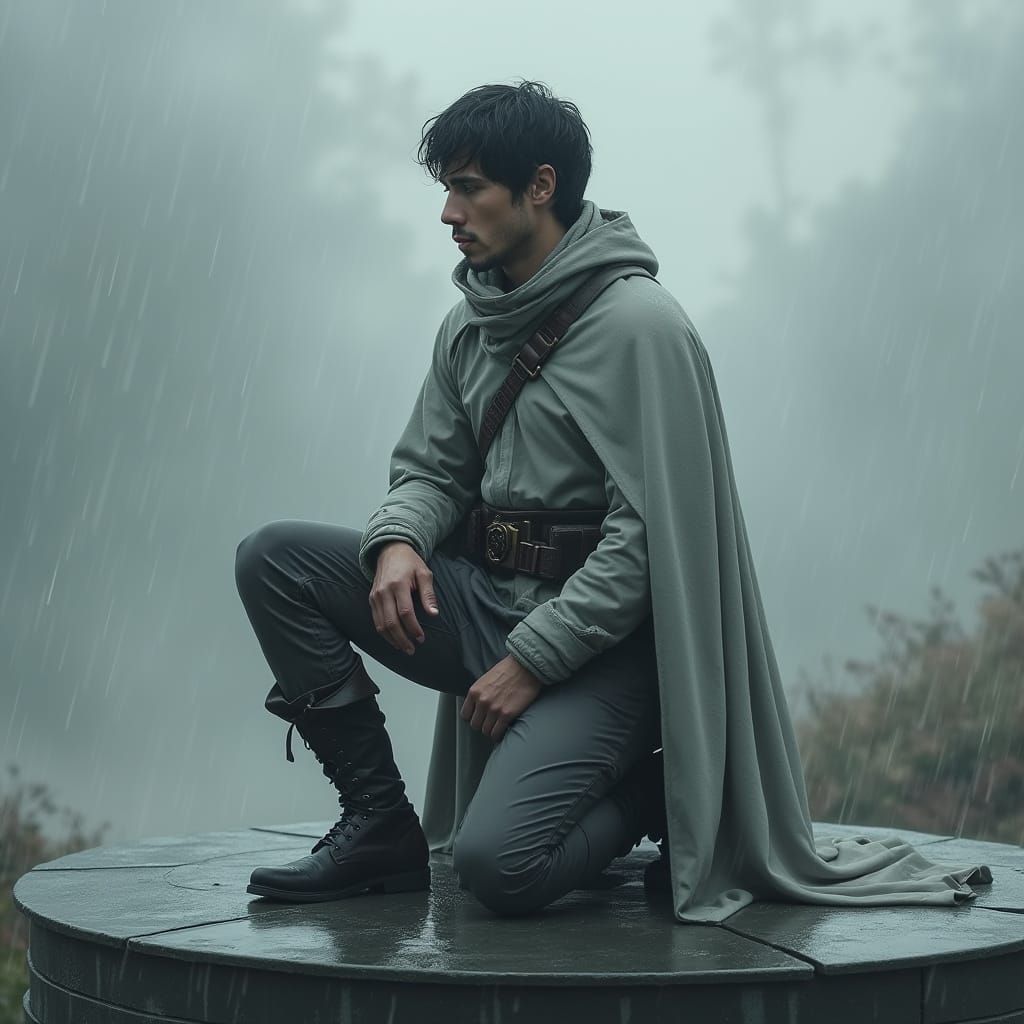 Man Kneeling in Storm, Hyperrealistic Digital Art