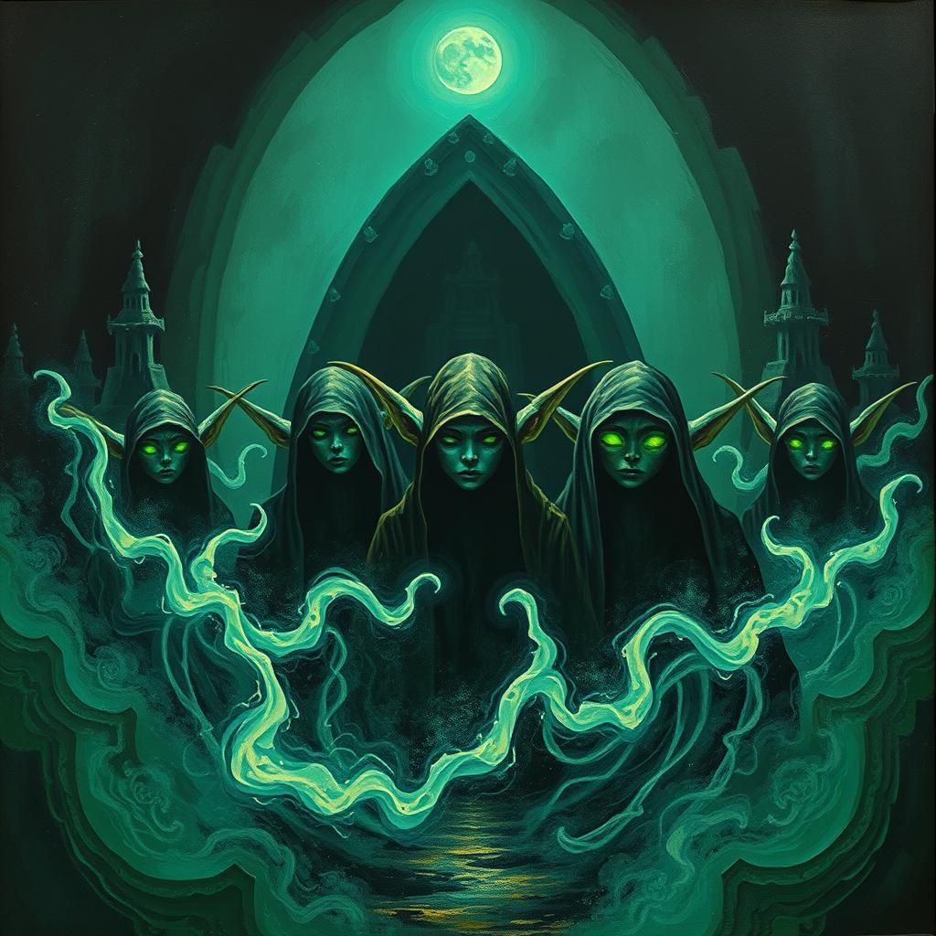 Elves in Shrine: Surreal Impasto Art Deco