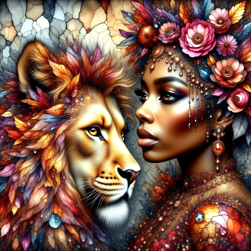 Surreal Abstract Beauty with Majestic Lion Companion in Vibr...