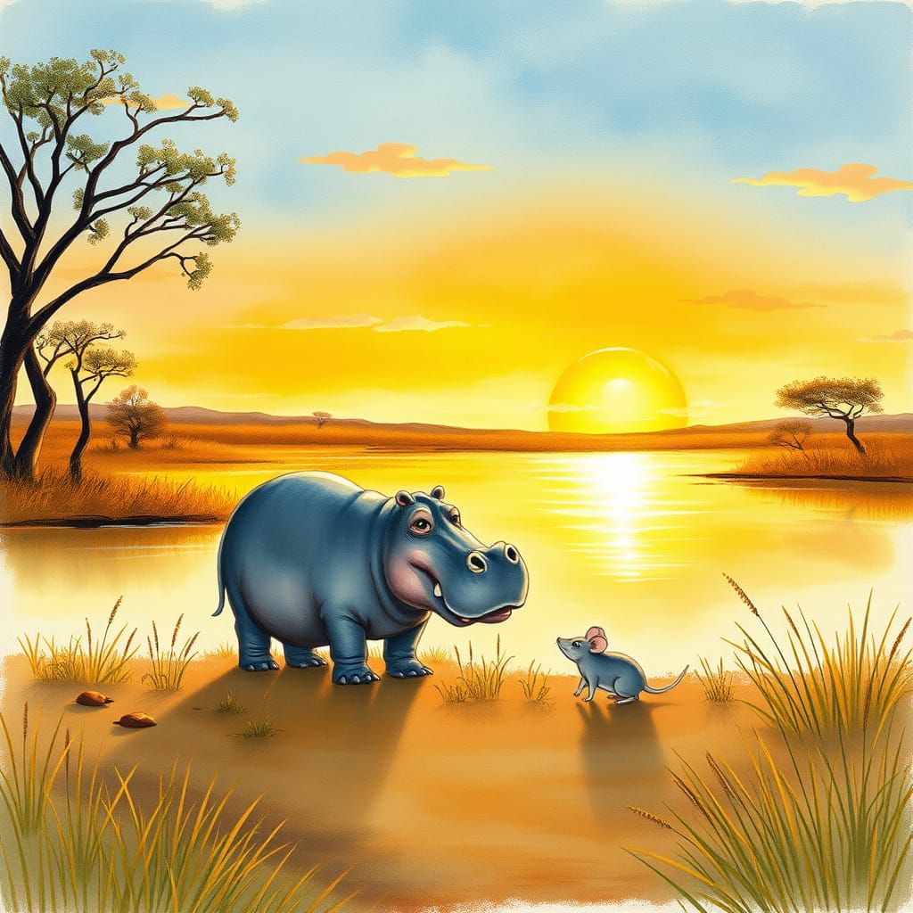 Hippopotamus and Mouse in Serene Savannah at Sunset