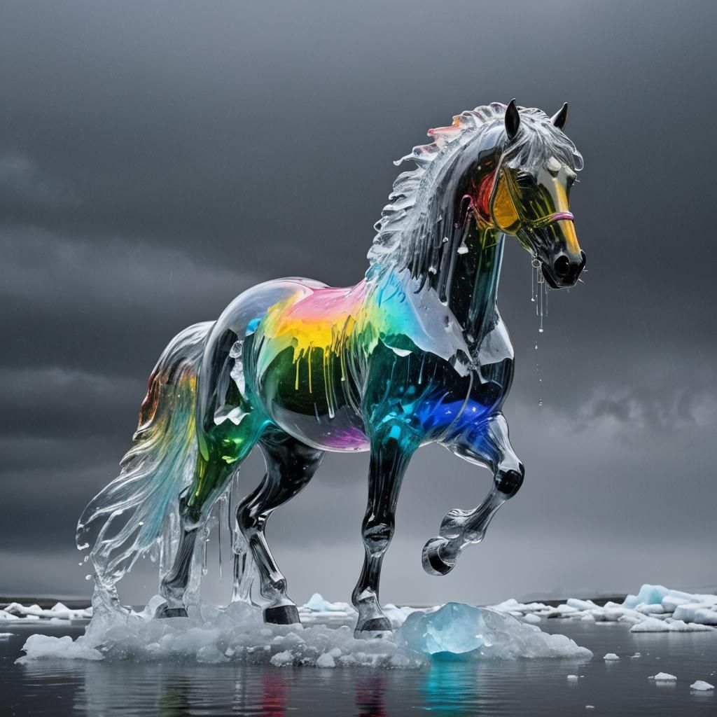 Rainbow Ice Horse Sculpture in Fantasy Art