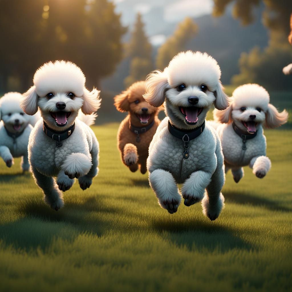 Teacup Poodles Running: Detailed Fantasy Art
