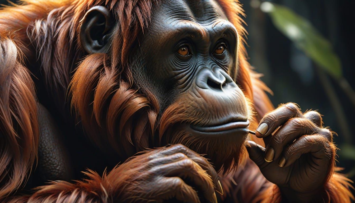 Hyperrealistic Orangutan on a Fingernail in Intricate Detail