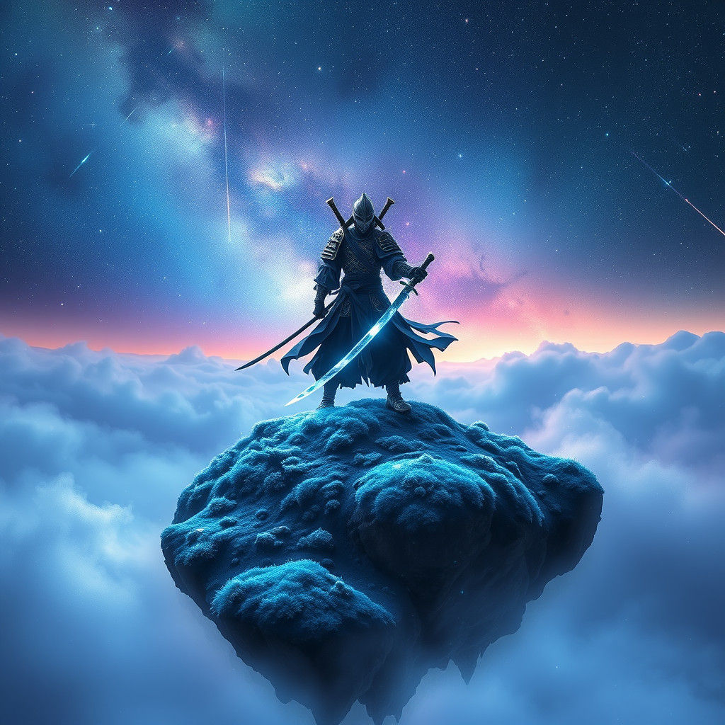 Samurai on Floating Island in Galaxy Landscape