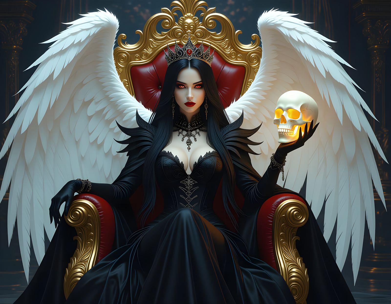 Glamorous Vampire Queen on Golden Throne in Gothic Horror