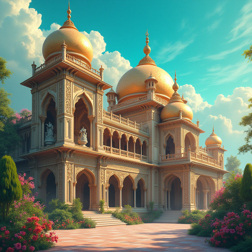 Ornate Indian Palace with Golden Domes in 8k