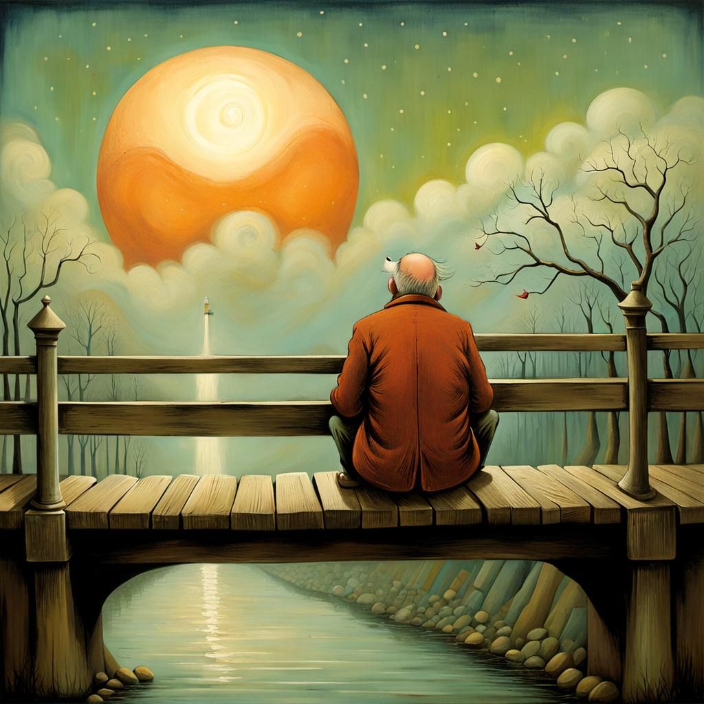 Sad Old Man on Bridge: Whimsical Illustration