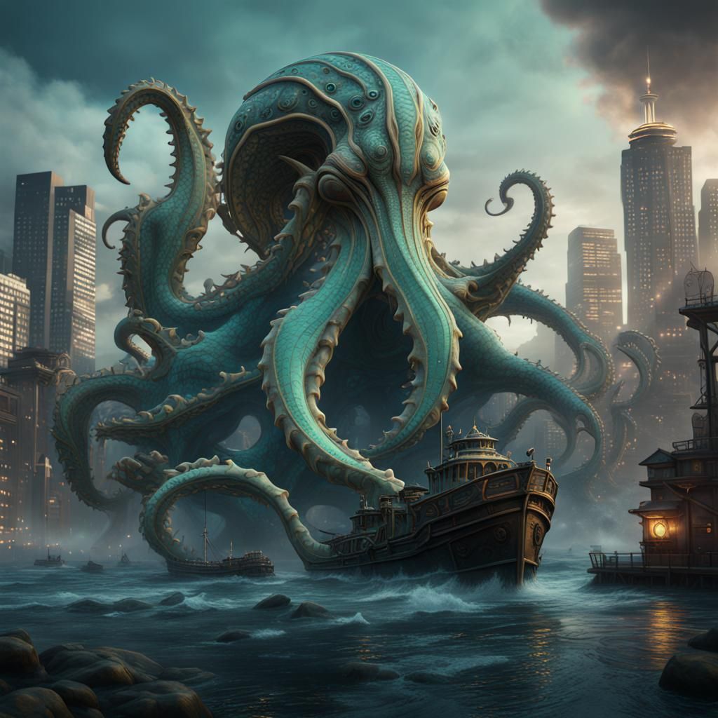 Detailed Seattle Kraken Matte Painting in Deep Color