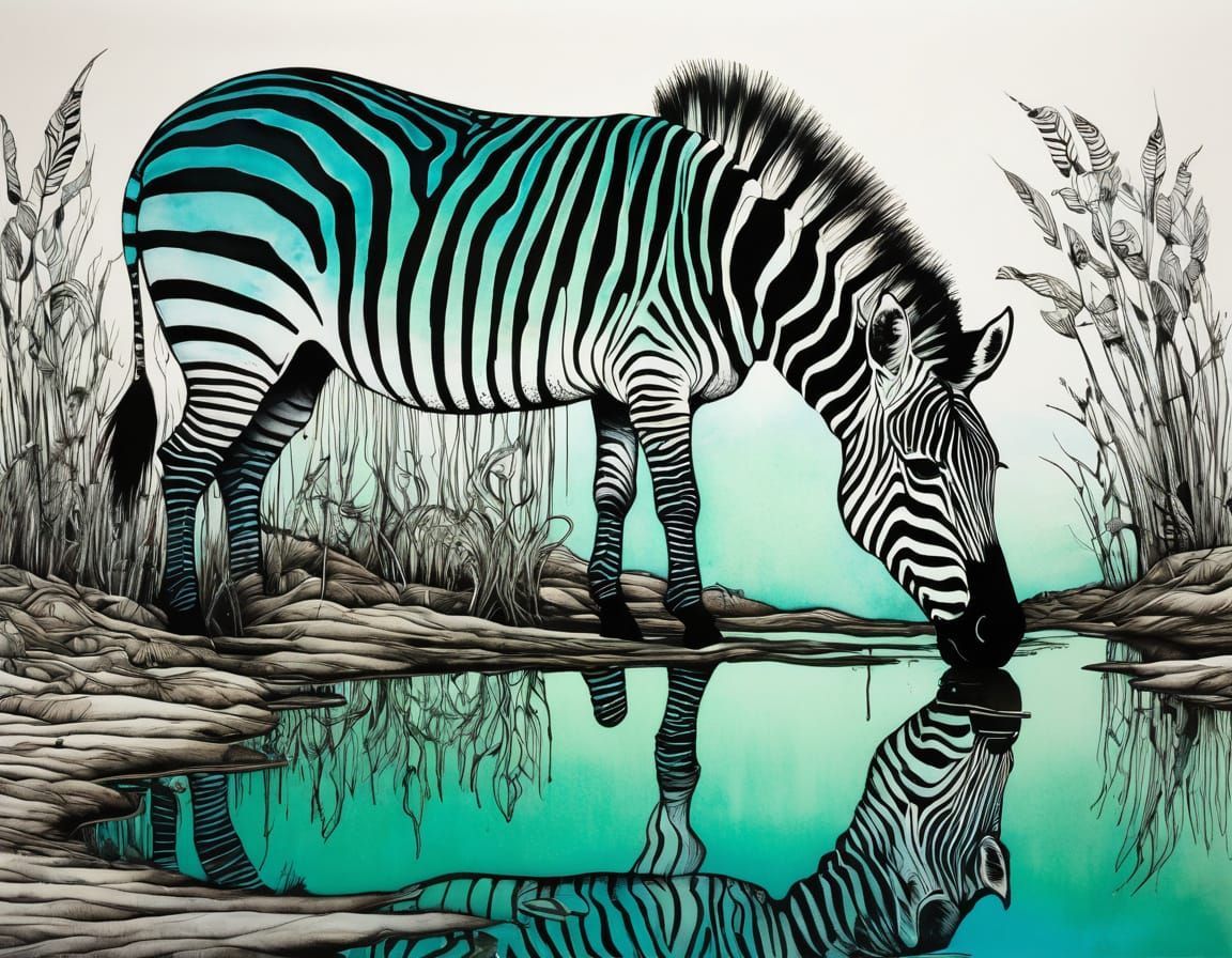 Whimsical Wild Zebra in a Deserted Pond Scene