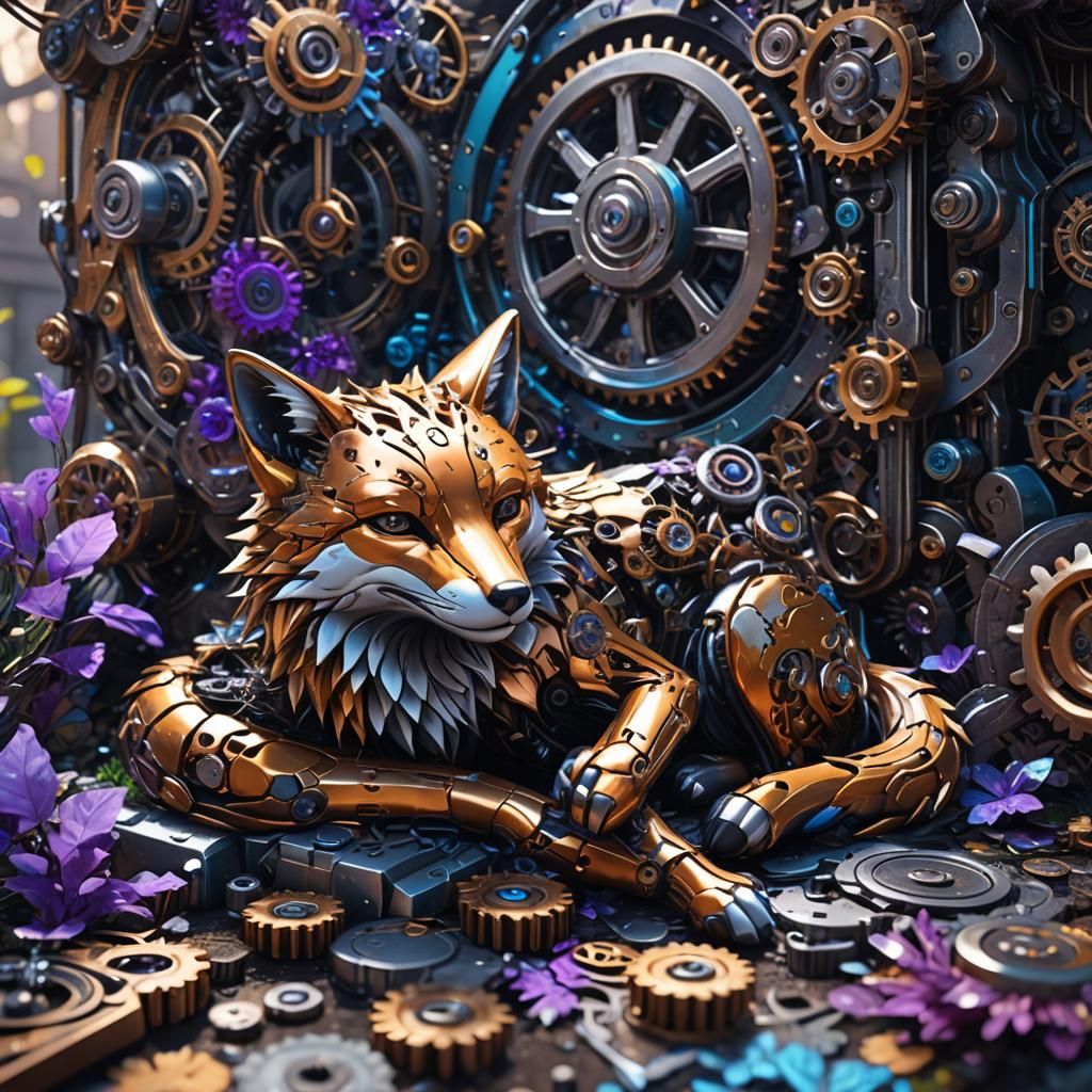 Cyberpunk Fox Asleep in Mechanical Garden
