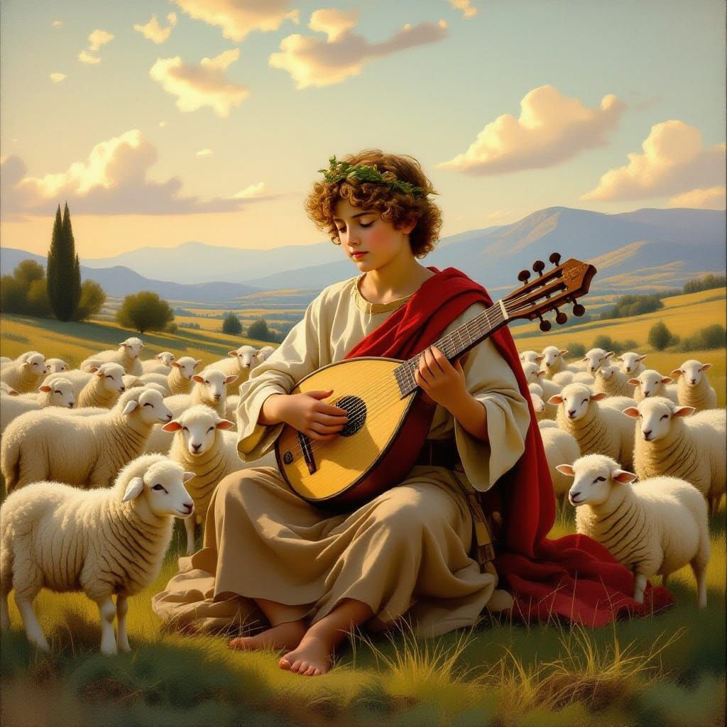Young King David Plays Psaltery Amidst Sheep