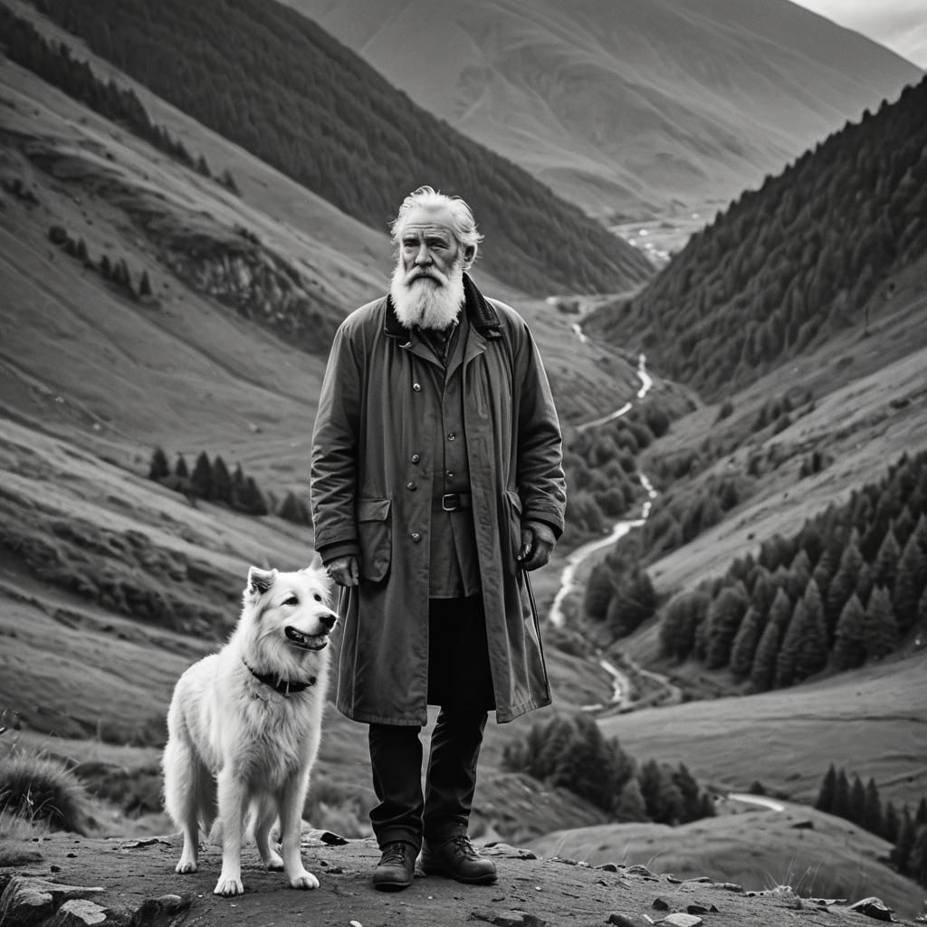 Man and Dog in Mountain Landscape: Black and White Photograp...