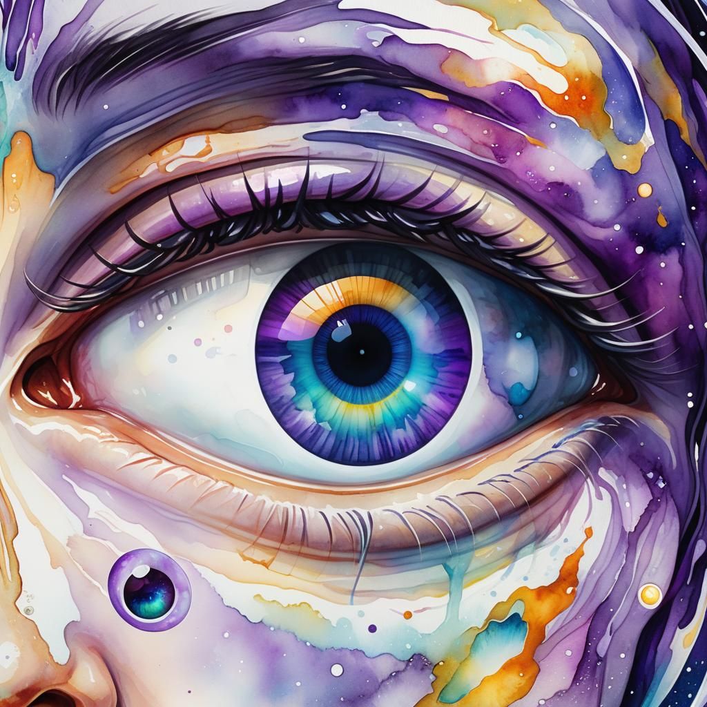 Surreal Eye Portrait with Planetary Floater, Watercolor Art