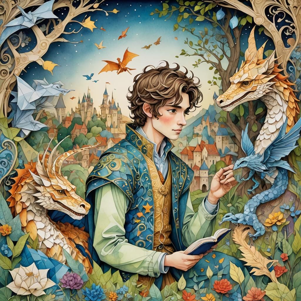 Prince and Meek Dragon in Origami Watercolor Style