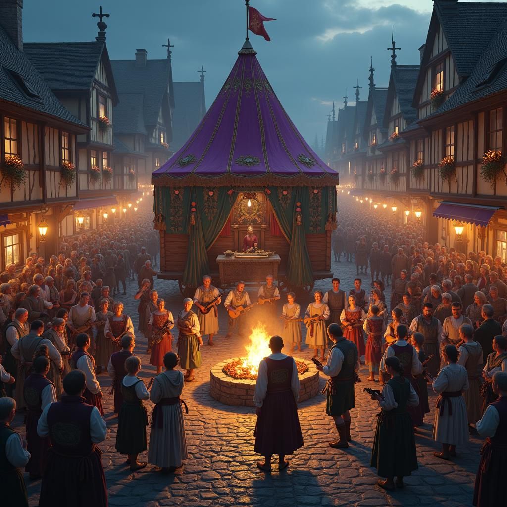 Medieval Street Scene with Wagons and Dancing