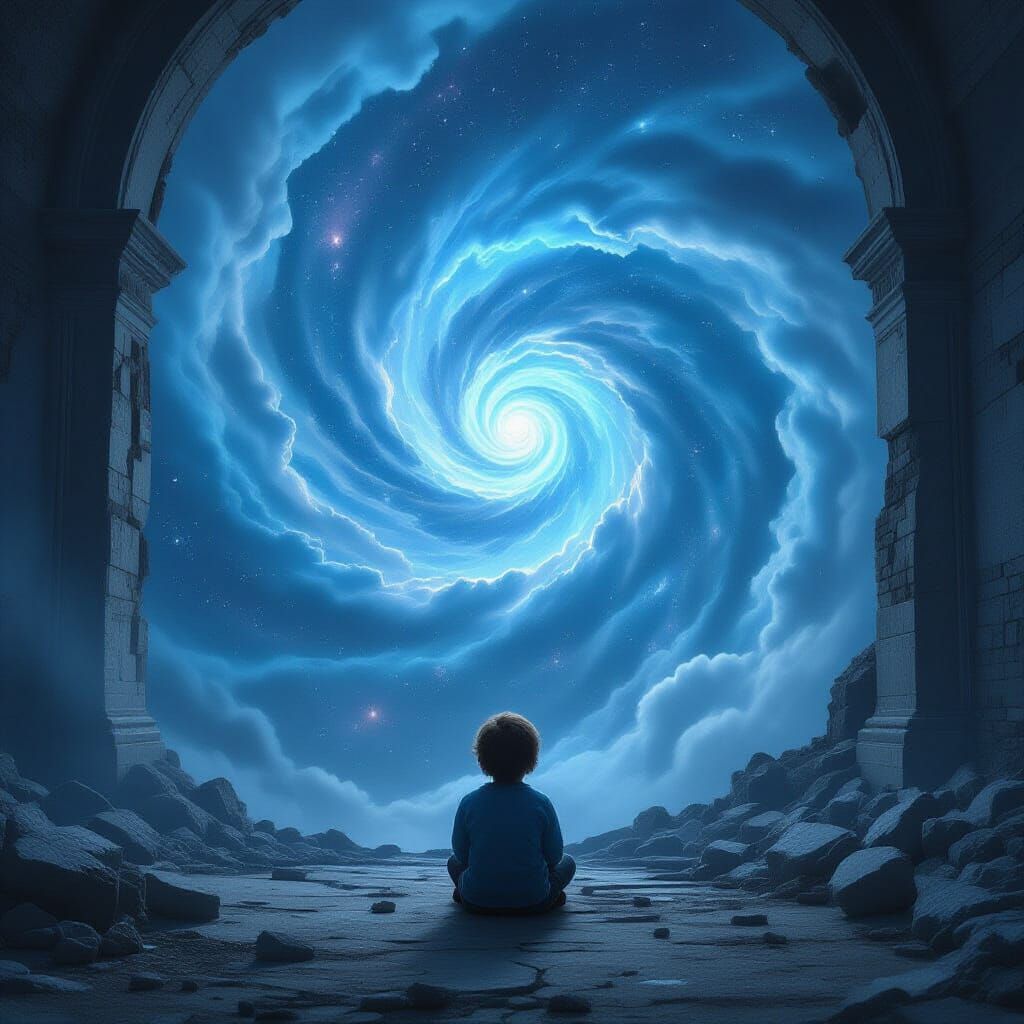 Child Gazes into Cosmic Vortex in Ruined Landscape