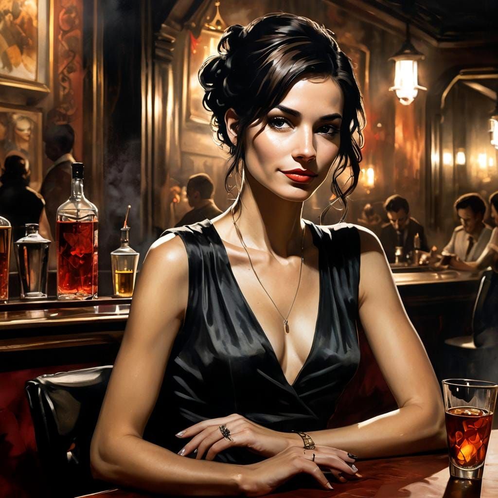 Confident Woman in Nightclub, Ink Wash Painting