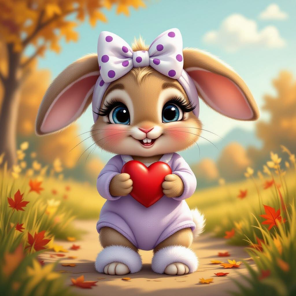 Cute Lop-Eared Bunny with Red Heart in Autumn Landscape