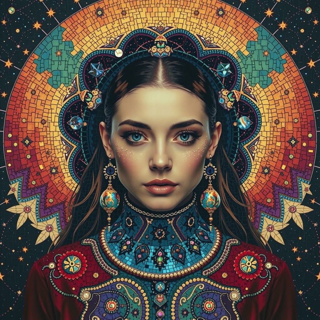Iridescent Mosaic Woman in Starry Night
