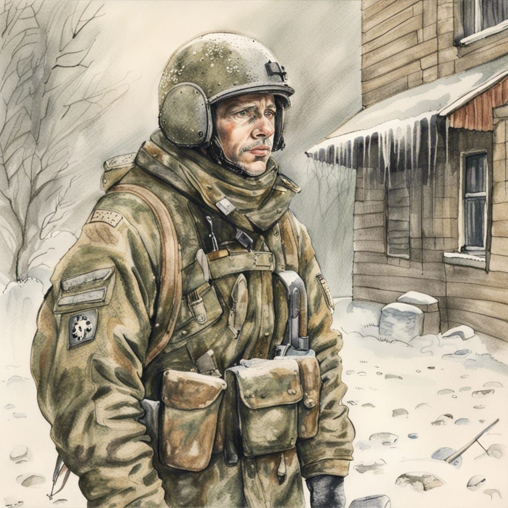 Post-Nuclear Soldier at Wolf's Lair: Hyperrealistic Watercol...