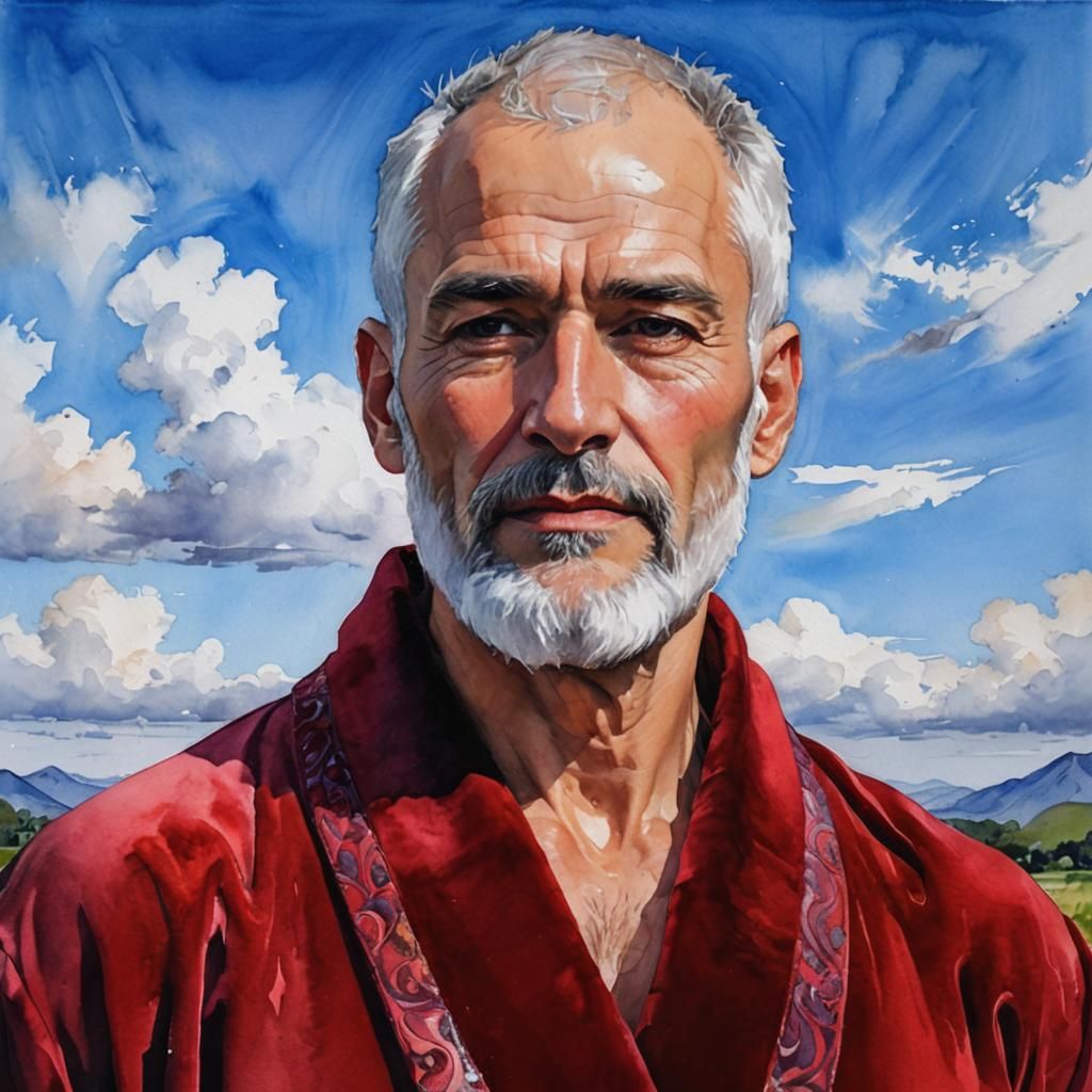 Serene Silver-Haired Man in Red Velvet Robe