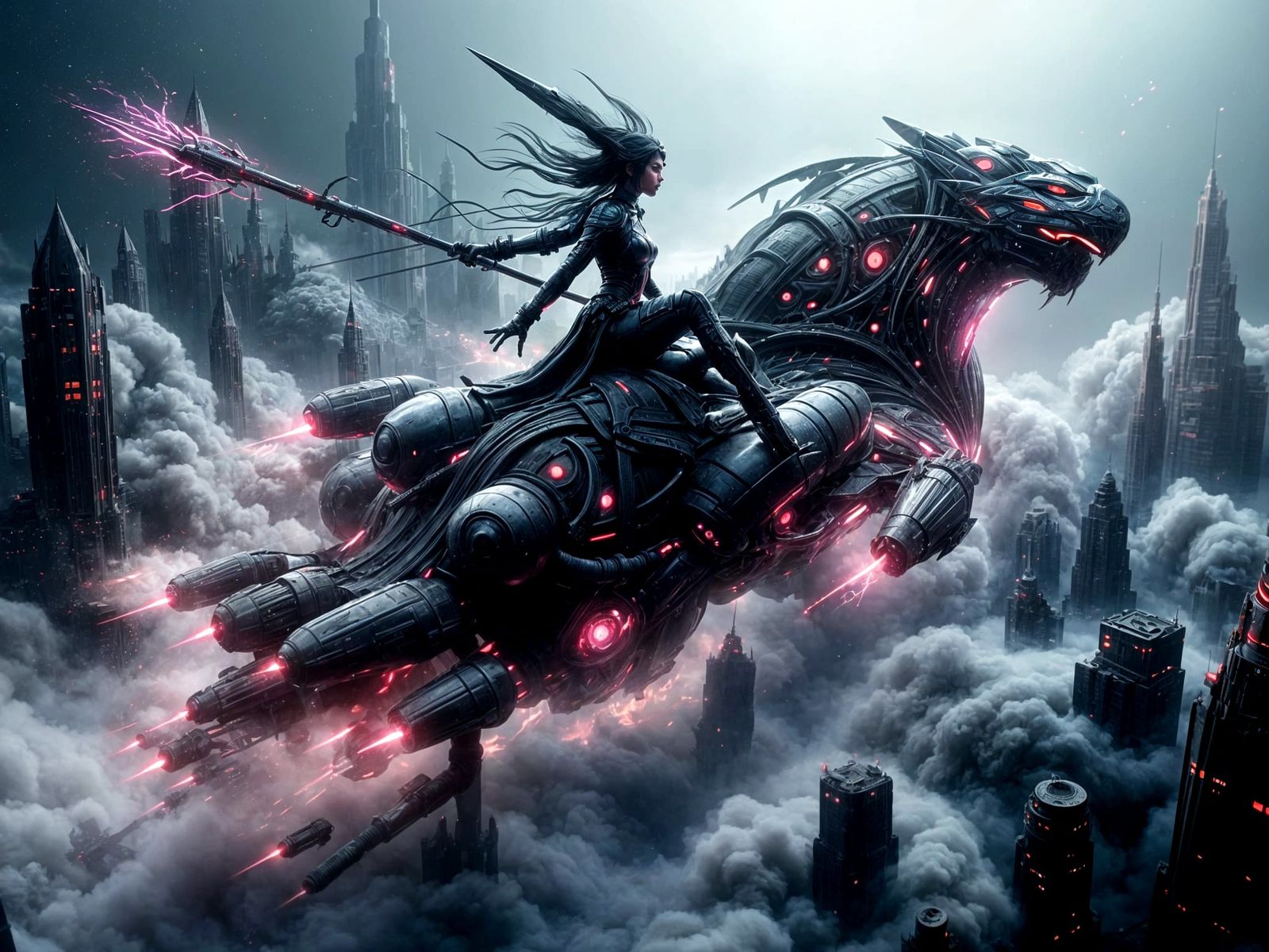 Valkyrie Warrior Soars Above Cyberpunk City in Digital Art
