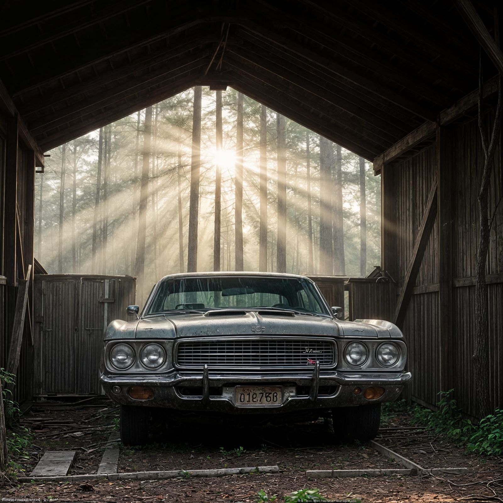 Vintage Muscle Car in Rustic Tennessee Forest