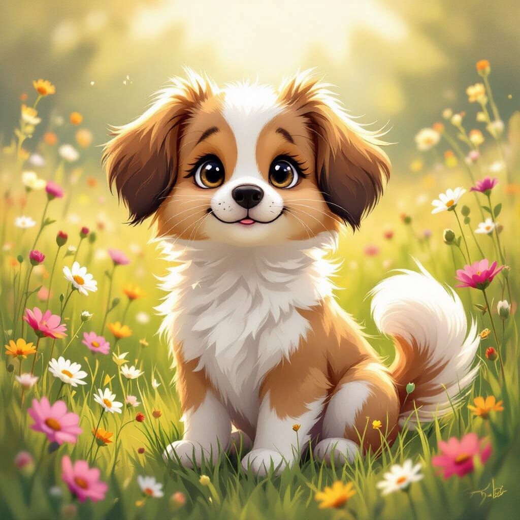 Whimsical Cat-Dog Hybrid in Sunlit Meadow