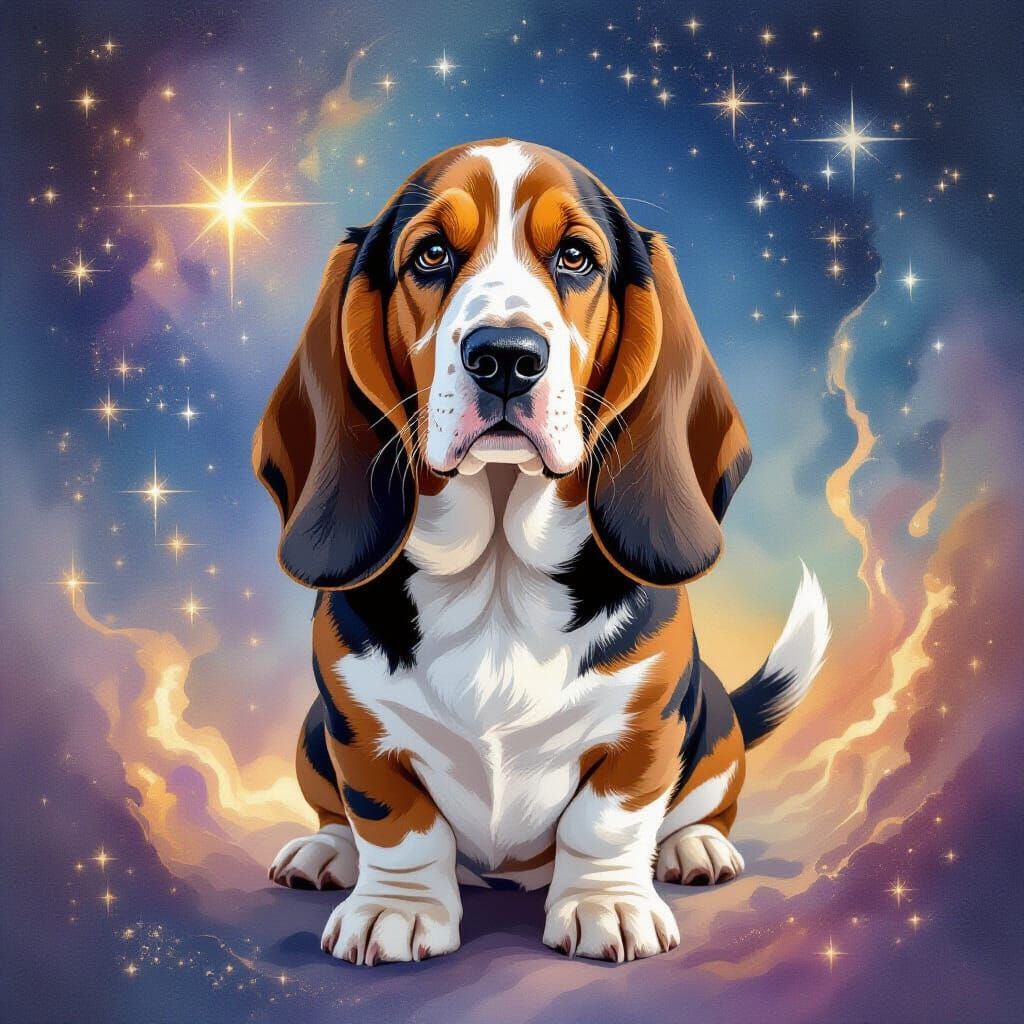 Celestial Basset Hound Guardian in Cosmic Watercolor