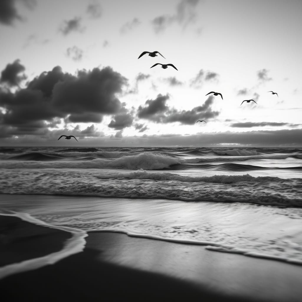 Dramatic Black and White Beach Sunset Photograph