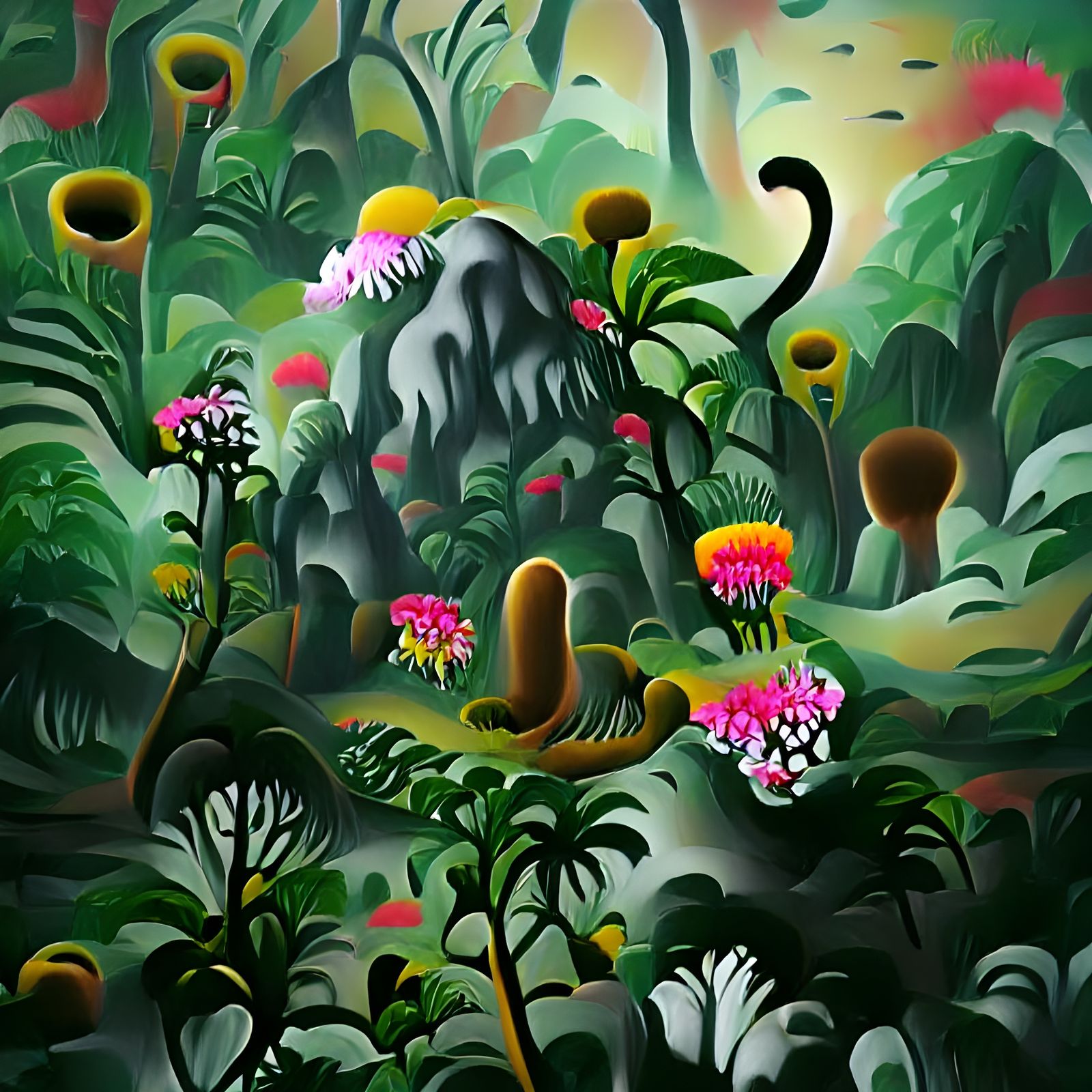 Psychedelic Alien Jungle Landscape in Naive Art Style