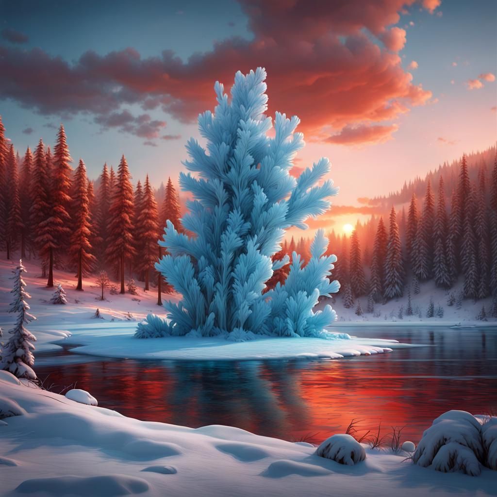 Turquoise Frozen Lake and Winter Forest at Sunset