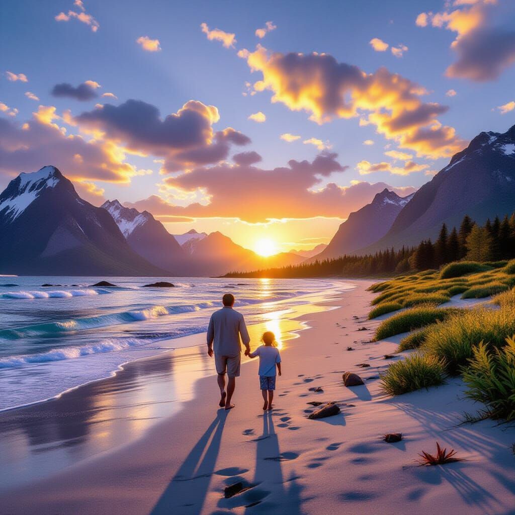 Family Silhouetted Walking Toward a Vibrant Sunset