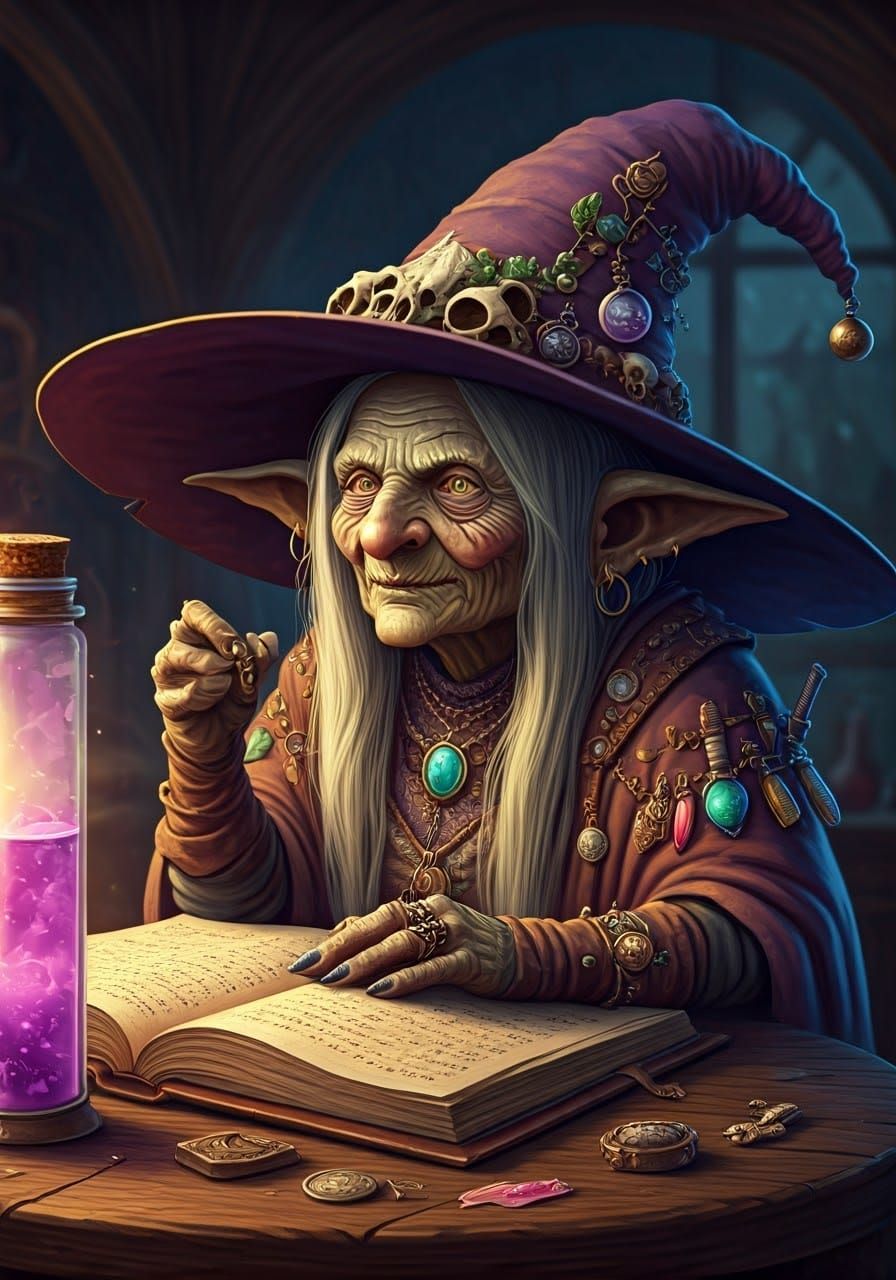 Eccentric Goblin Witch Brewing Potion