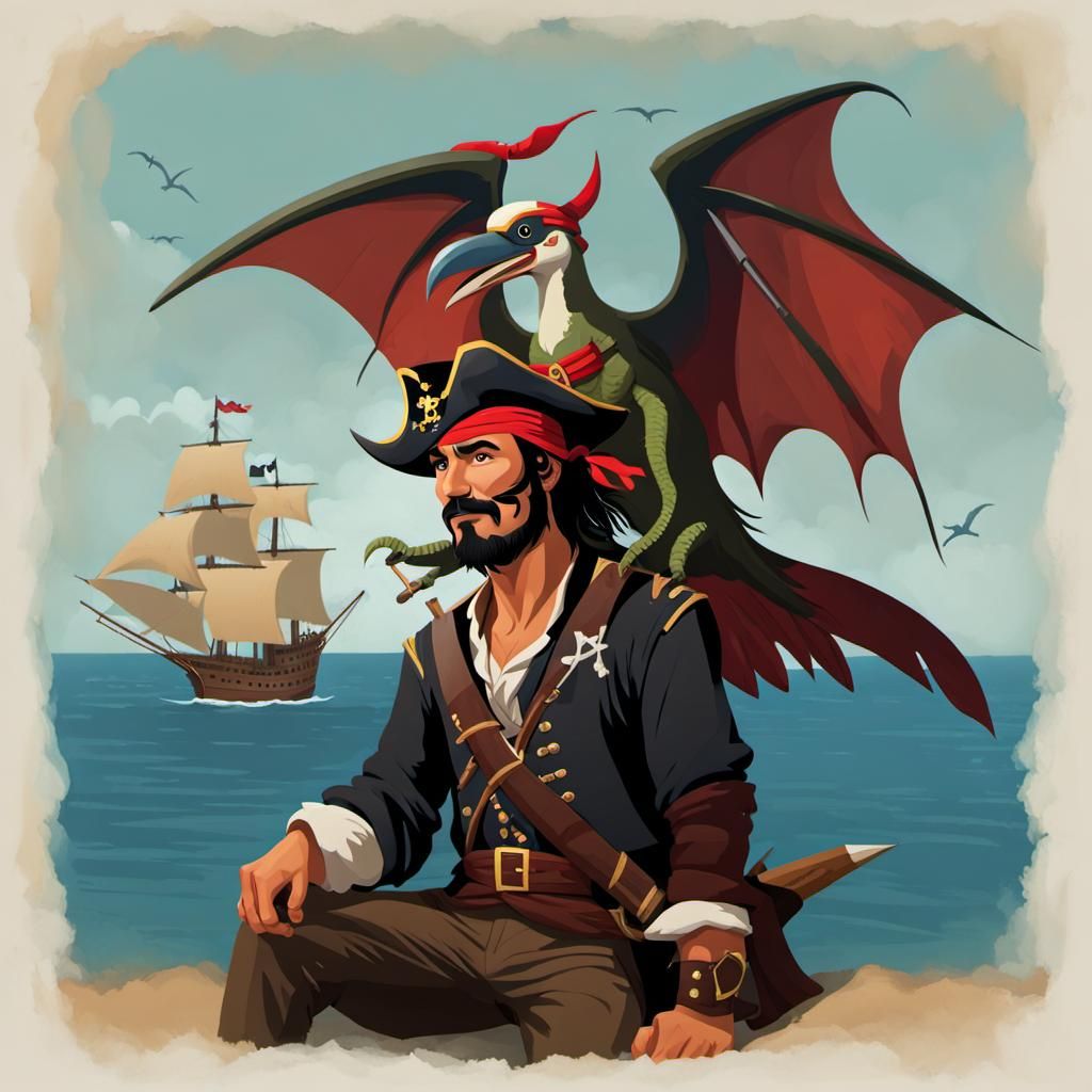 A pirate with a pterodactyl sitting on his shoulder.