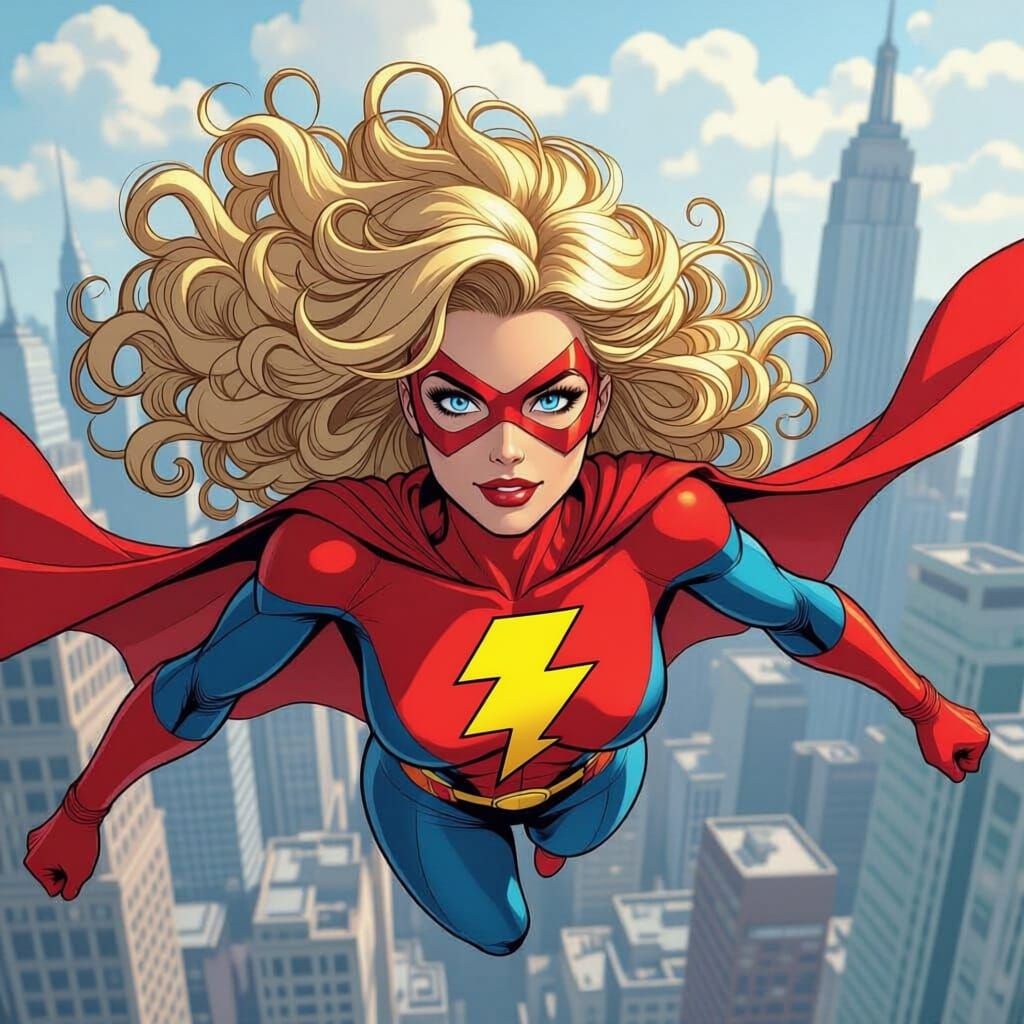 Amazonian Superheroine Flies Over City in Dynamic Style