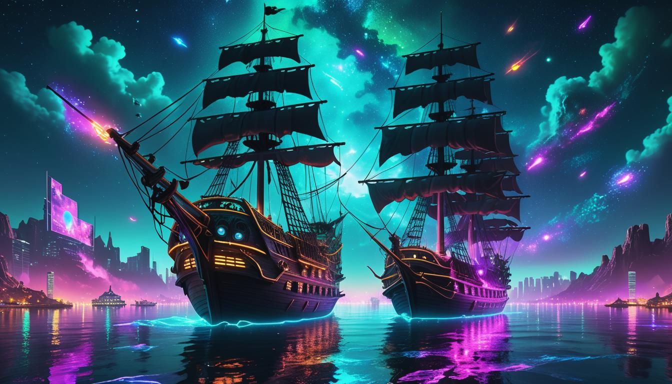 Neon Pirate Ship Sailing Bioluminescent Sea in Cyberpunk Sty...