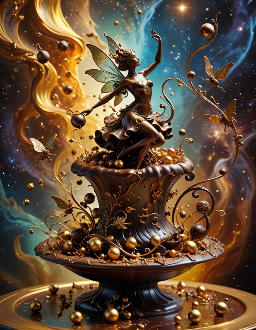Fairies Dancing Around Chocolate Sculpture in Space