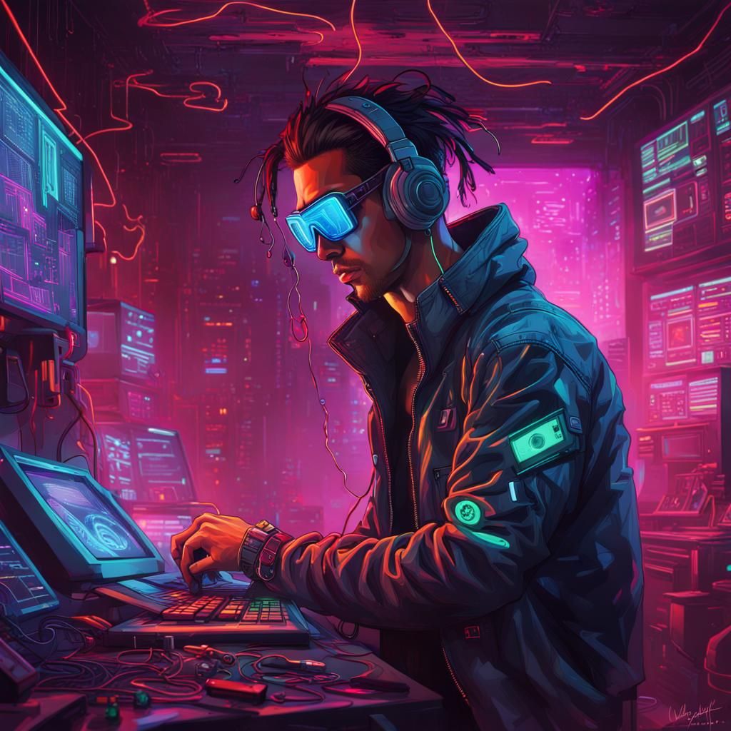 Cyberpunk Hacker in Neon Control Room