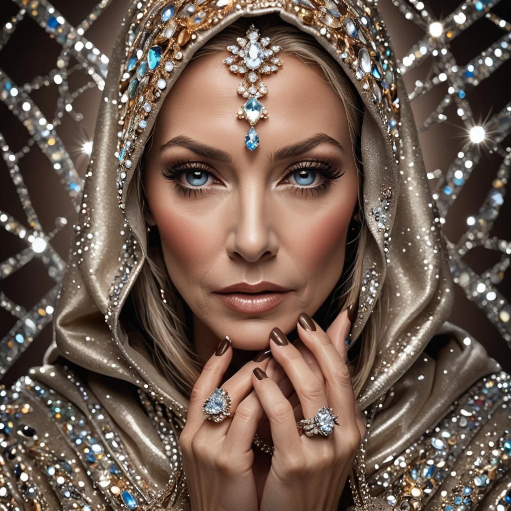 Elegant Woman with Jewel-Encrusted Hood, Hyper-Realistic Por...