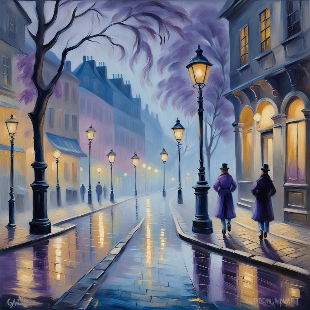 Misty Gaslit Street: An Impressionist Nocturne