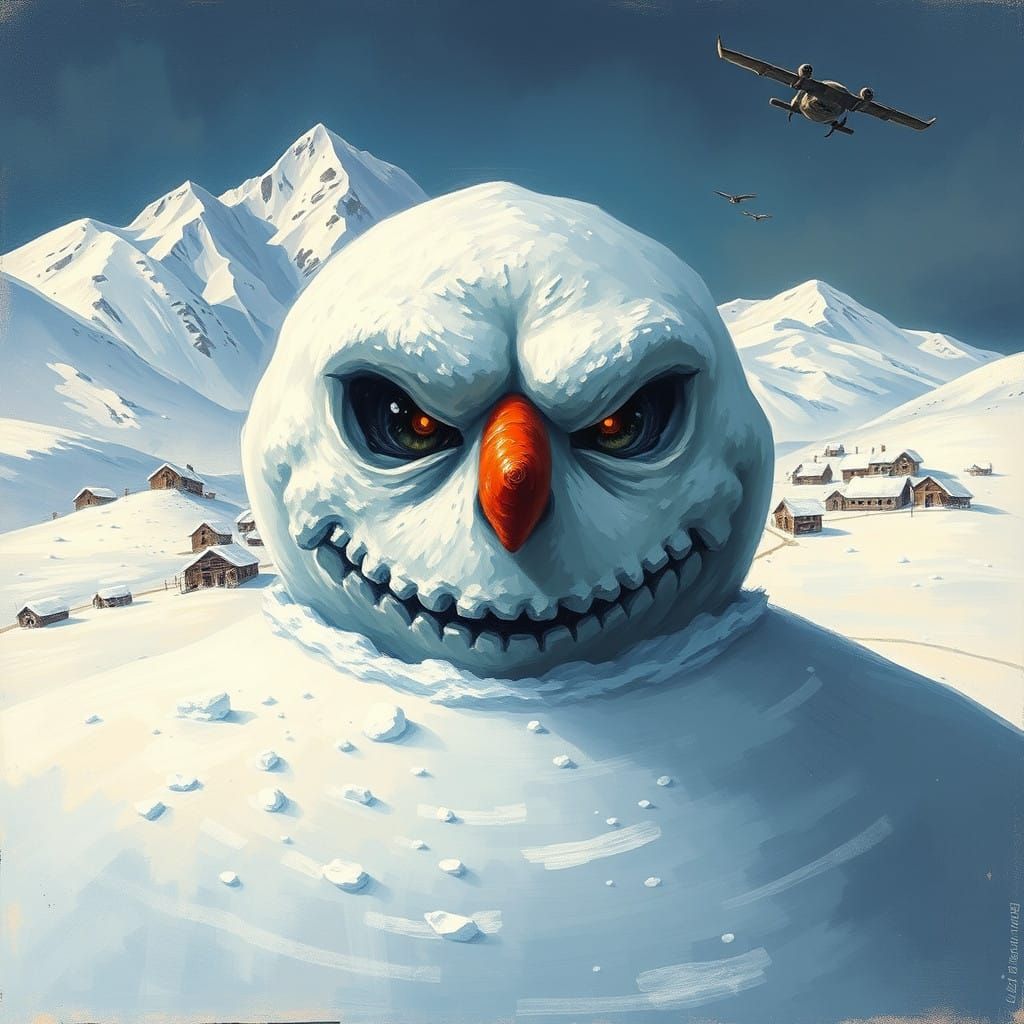 Snowy Village Consumed by Malevolent Snowman