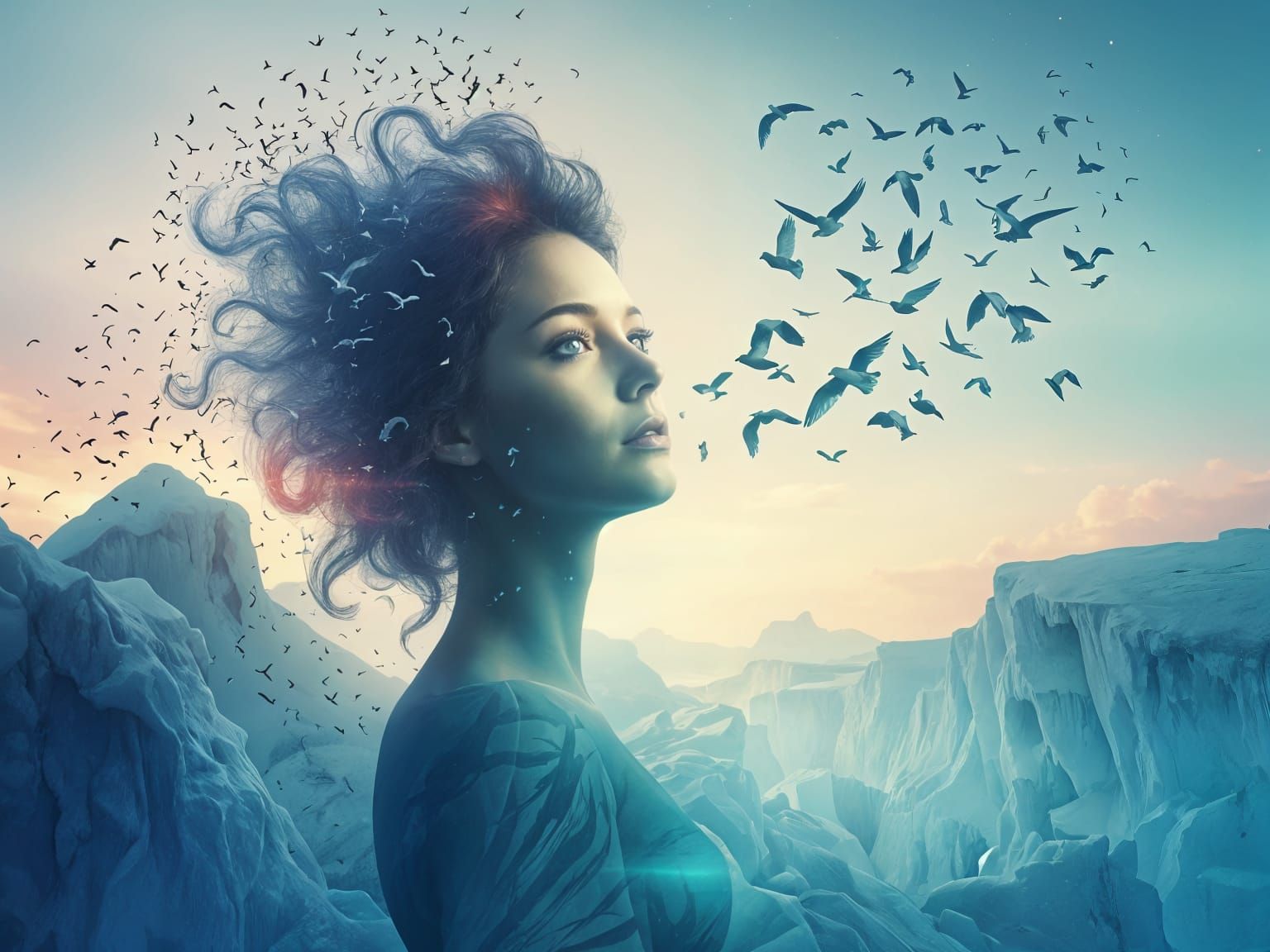 Ethereal Bird Woman: Digital Double Exposure Art
