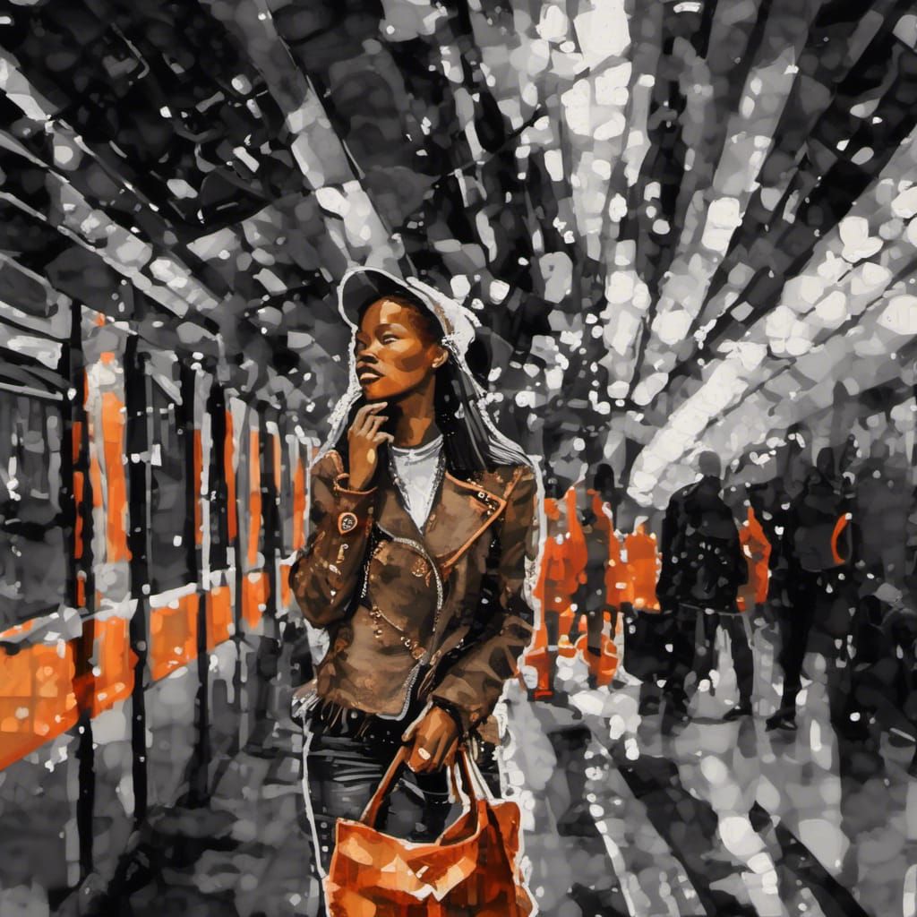 Blasian Woman at Subway in Double Exposure Style