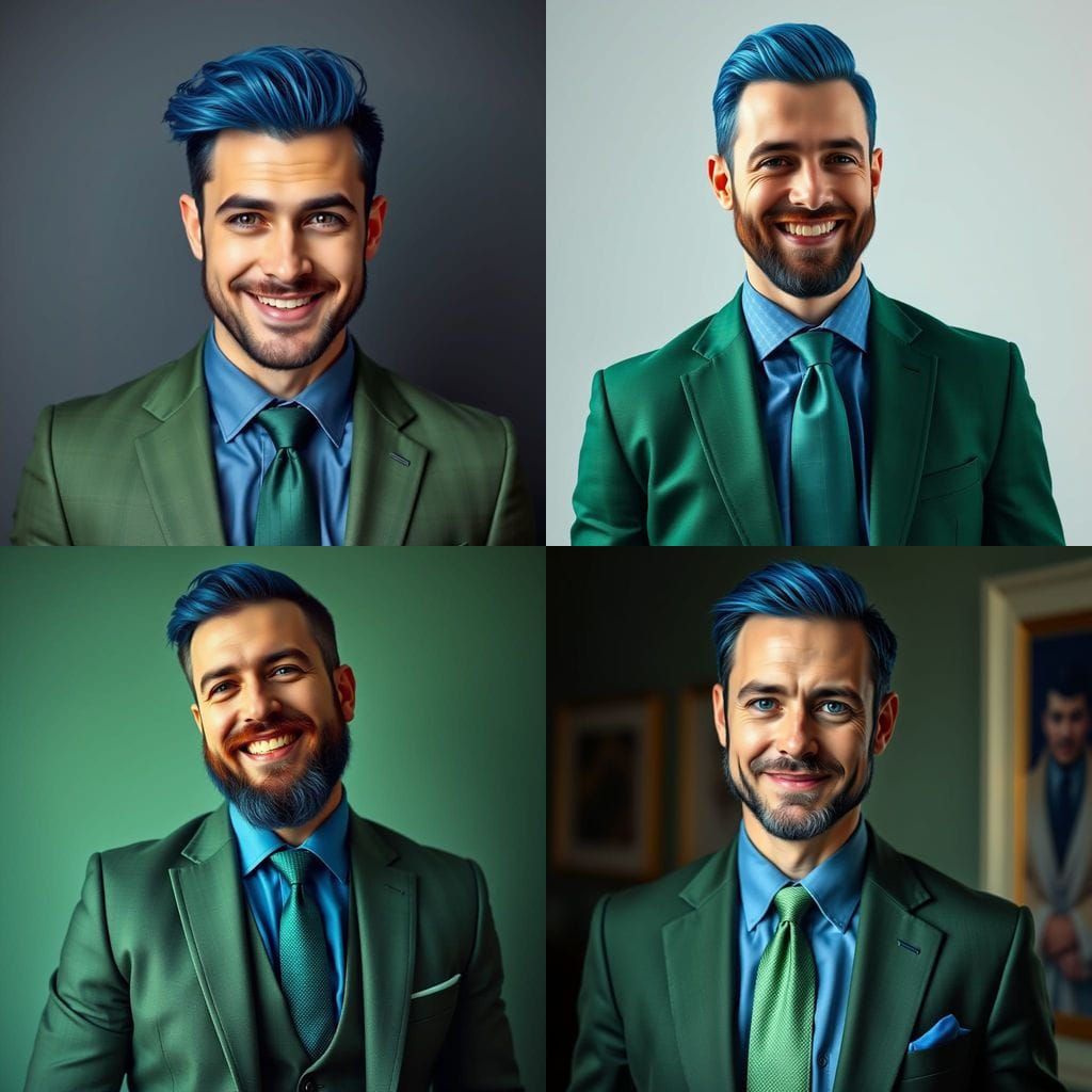 Man in Green Suit with Blue Hair, Photorealistic