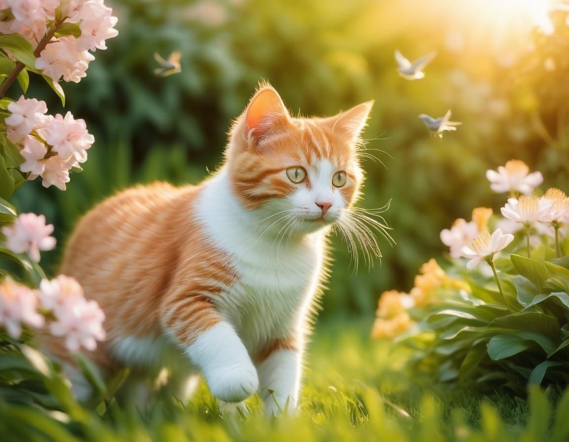 Ginger Cat's Playful Spring Garden in Pastel Colors