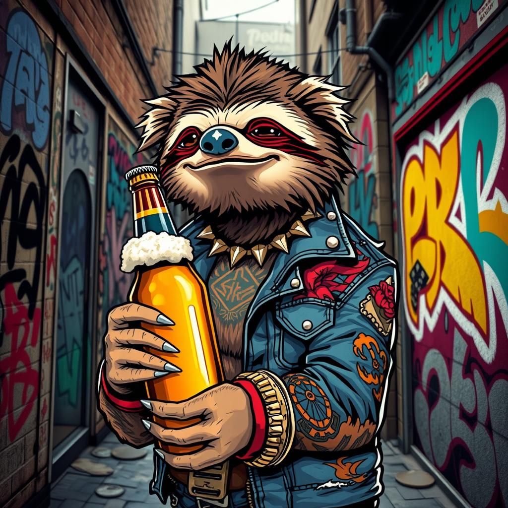 Punk sloth with coloured tattoos holding a beer