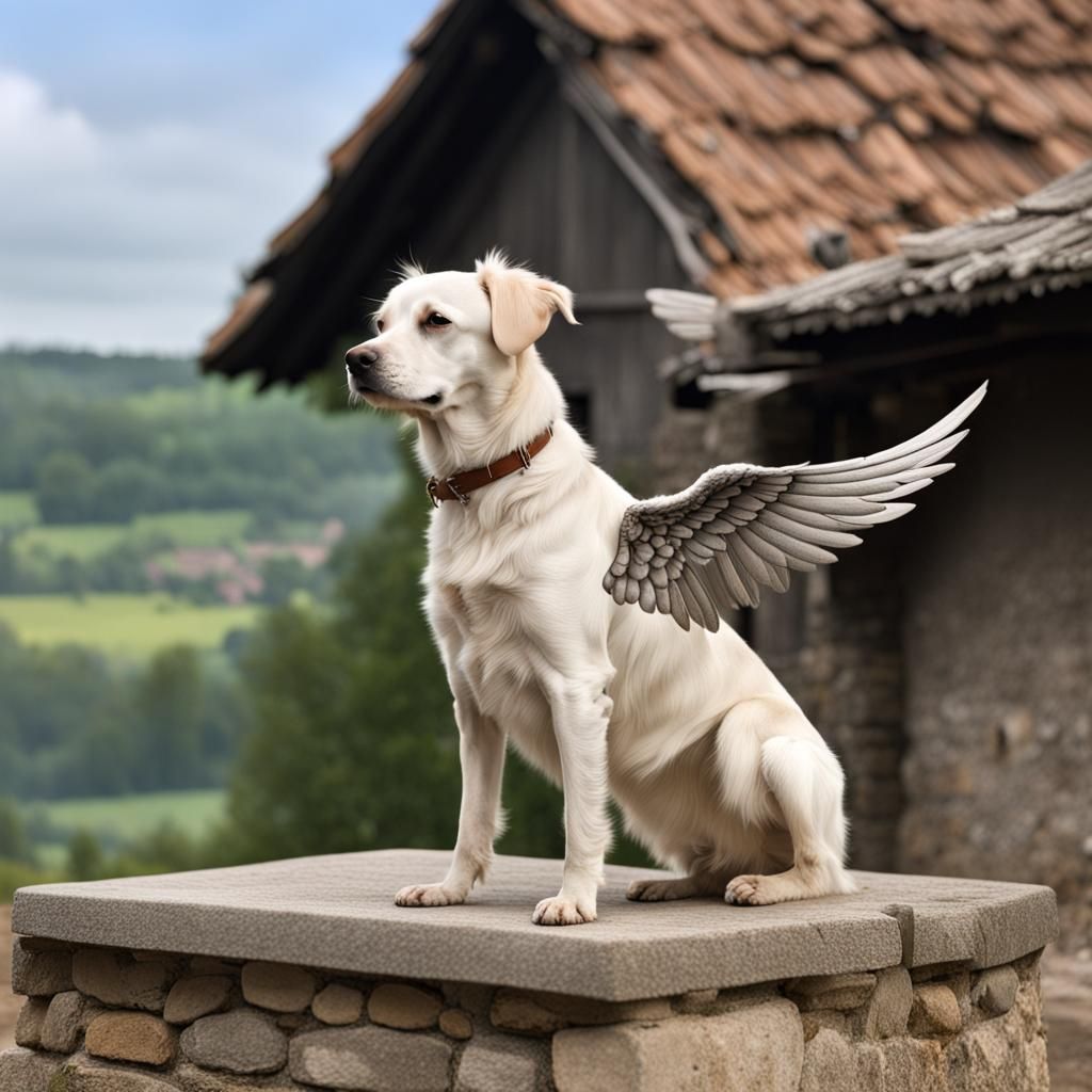 Winged Dog in Peaceful Village Scene