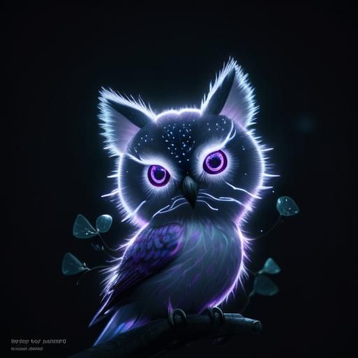 Chibi Owl with Sakura Flowers in Surreal Neon Style