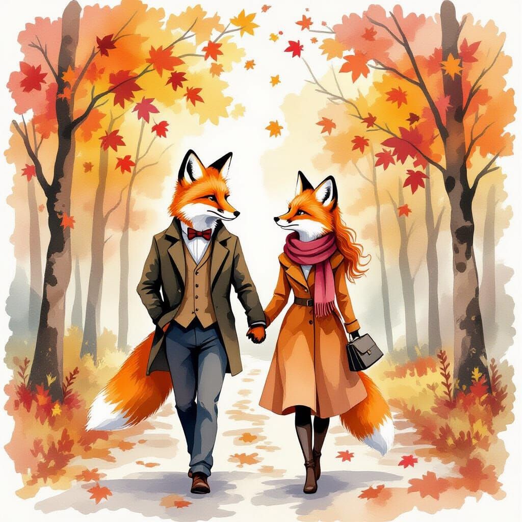 Fox Couple's Autumn Walk in Alcohol Ink Style